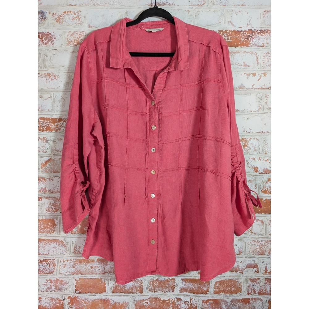 John Mark Linen Button Down Shirt Womens 1X Pink 3/4 Tie Sleeve Raw Edge Seam
